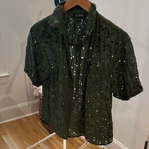 J. Crew Olive Green Eyelet Short Sleeve Button-Down Shirt WOMENS